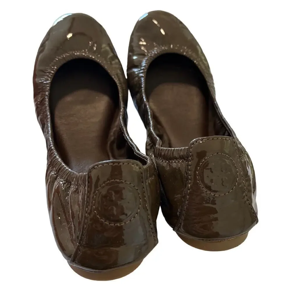 Tory Burch Eddie Ballet Smooth Natplak Flats Size 7.5 Brunette Patent Leather - Picture 6 of 7